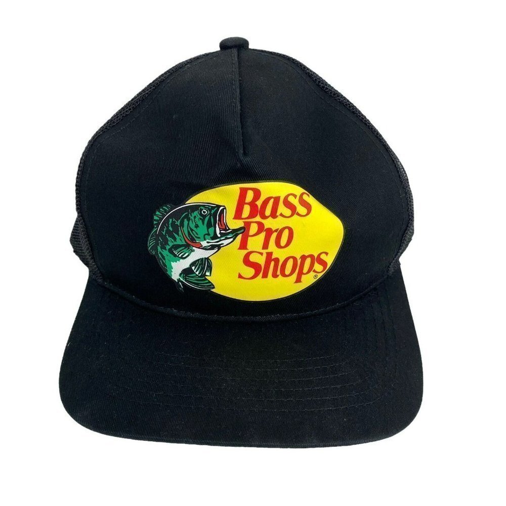 Bass Pro Shops Black Printed Logo Trucker Mesh Hat Snapback Closure NEW